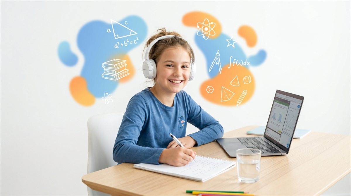 Student learning on laptop with headphones